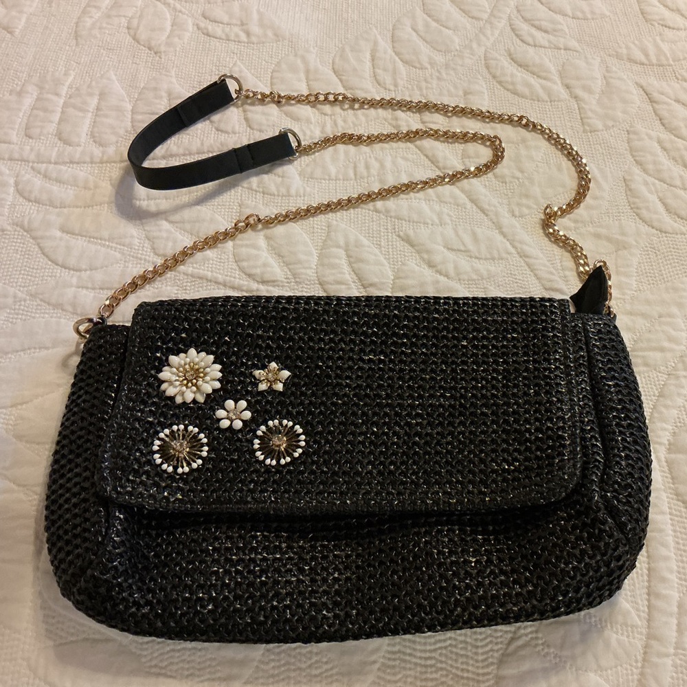 Elegant Black Woven Clutch with Gold Chain